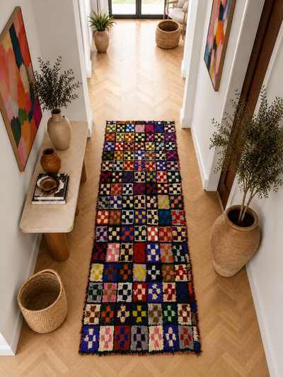 Tapis couloir Boucherouite vintage multicolore - 255 x 100 cm - Mosaic Bloom