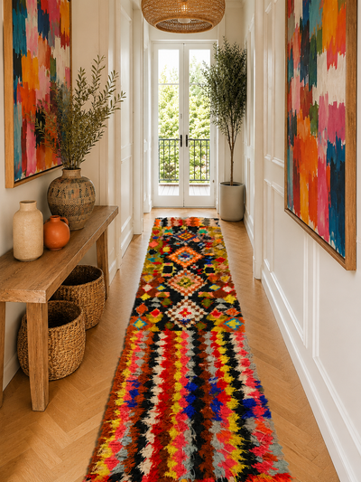 Tapis couloir Boucherouite vintage multicolore - 325 x 120 cm - Atlas Rainbow