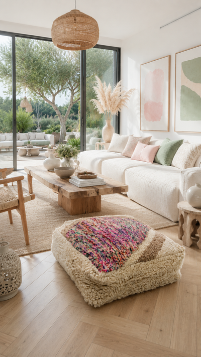 Pouf berbère vintage en laine naturelle – Fait main - 055