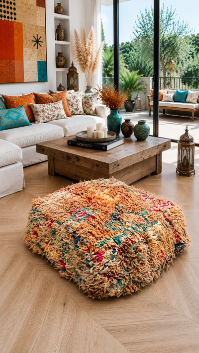 Pouf berbère vintage en laine naturelle – Fait main - 057