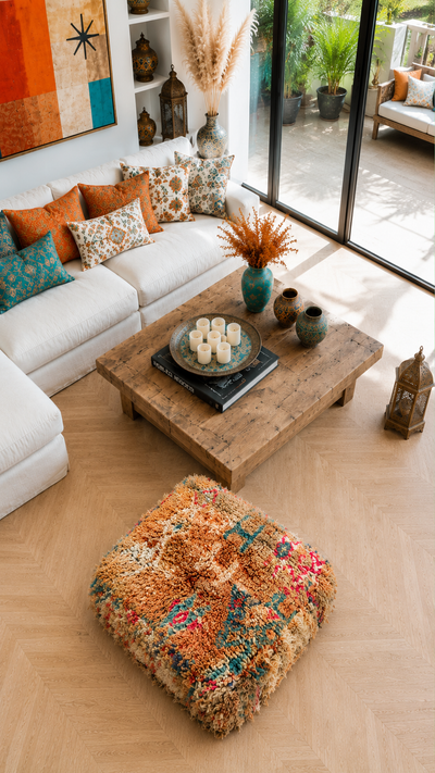 Pouf berbère vintage en laine naturelle – Fait main - 057
