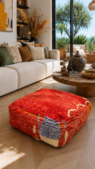 Pouf berbère vintage en laine naturelle – Fait main - 058
