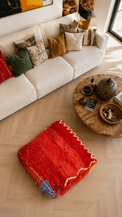 Pouf berbère vintage en laine naturelle – Fait main - 058