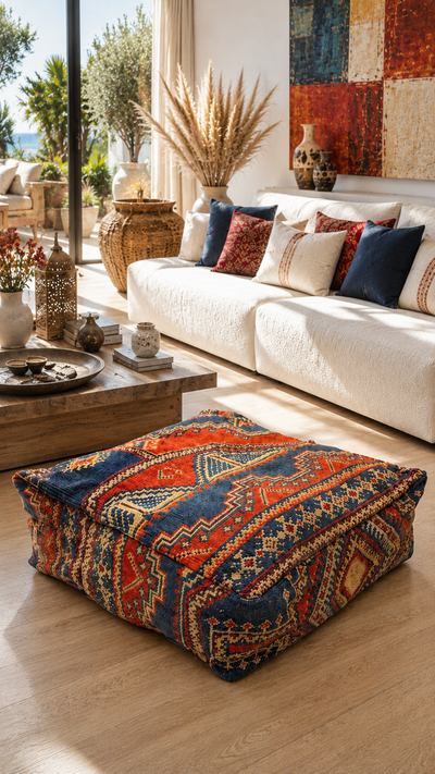 Pouf berbère vintage en laine naturelle – Fait main - 059