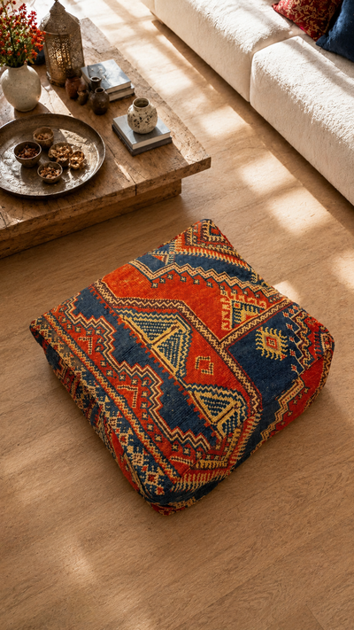 Pouf berbère vintage en laine naturelle – Fait main - 059