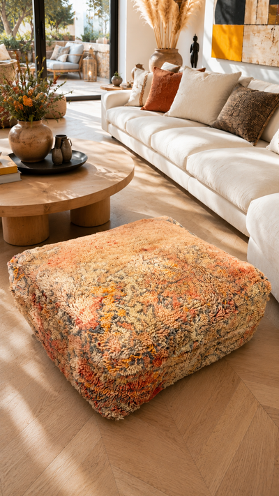 Pouf berbère vintage en laine naturelle – Fait main - 060