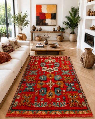 Tapis berbère vintage rouge à motifs multicolores - 145 x 300 cm - Red Oasis