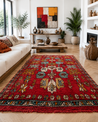 Tapis berbère vintage rouge à motifs multicolores - 145 x 300 cm - Red Oasis
