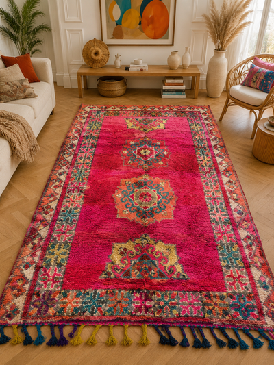 Tapis berbère rose à motifs multicolore - 125 x 285 cm - Atlas Bloom
