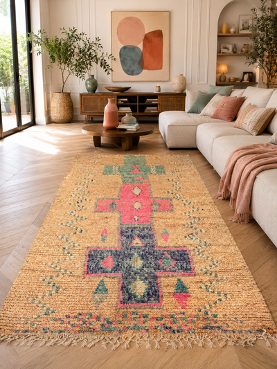 Tapis berbère vintage beige à motifs croix multicolores - 240 x 130 cm - Desert Harmony
