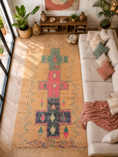 Tapis berbère vintage beige à motifs croix multicolores - 240 x 130 cm - Desert Harmony