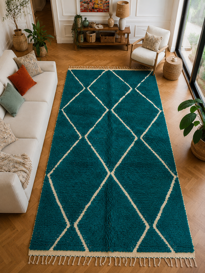 Tapis berbère vintage bleu à losanges - 244 x 147 cm - Blue Atlas