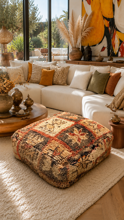 Pouf berbère vintage en laine naturelle – Fait main - 034
