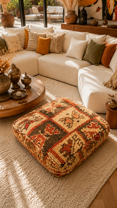 Pouf berbère vintage en laine naturelle – Fait main - 034
