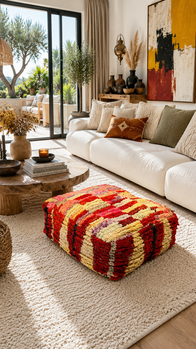 Pouf berbère vintage en laine naturelle – Fait main - 054
