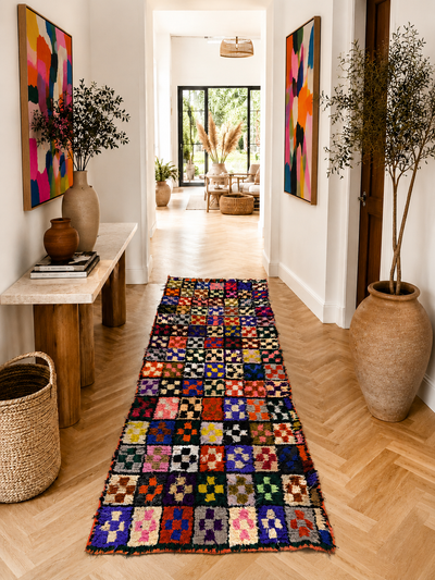 Tapis couloir Boucherouite vintage multicolore - 255 x 100 cm - Mosaic Bloom