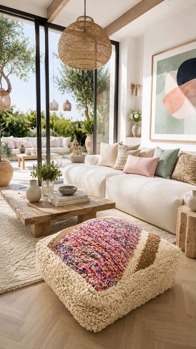 Pouf berbère vintage en laine naturelle – Fait main - 055