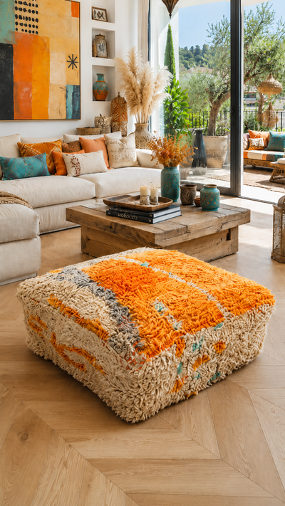 Pouf berbère vintage en laine naturelle – Fait main - 056