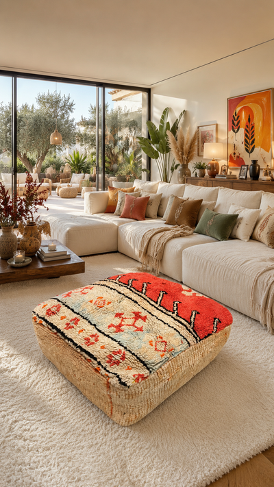 Pouf berbère vintage en laine naturelle – Fait main - 042