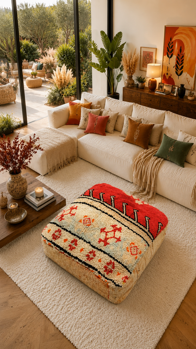 Pouf berbère vintage en laine naturelle – Fait main - 042