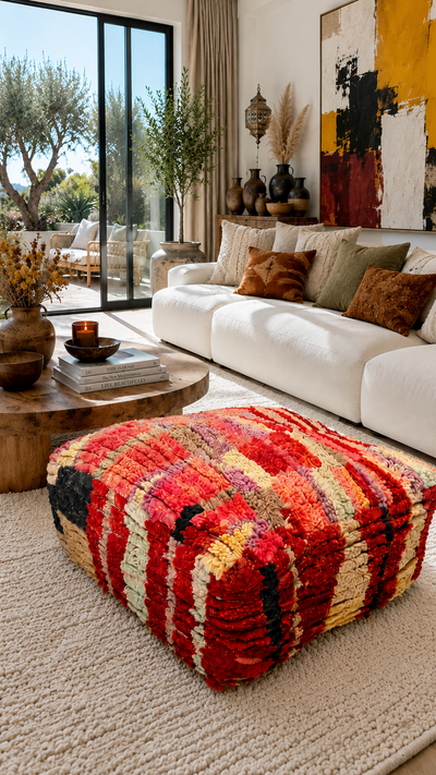 Pouf berbère vintage en laine naturelle – Fait main - 054