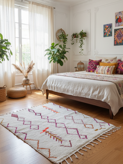 Petit tapis blanc à motifs berbères colorés- 150x 120 cm - Amber lines