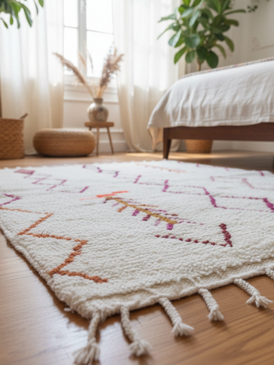 Petit tapis blanc à motifs berbères colorés- 150x 120 cm - Amber lines