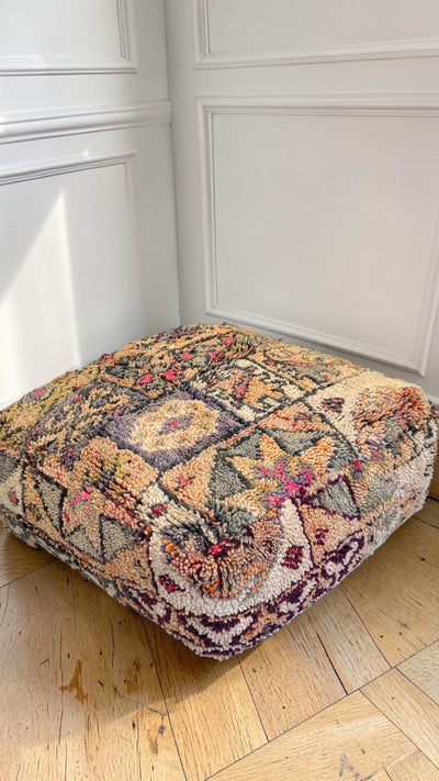 Pouf berbère vintage en laine naturelle – Fait main - 003