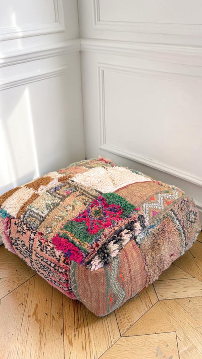 Pouf berbère vintage en laine naturelle – Fait main - 002