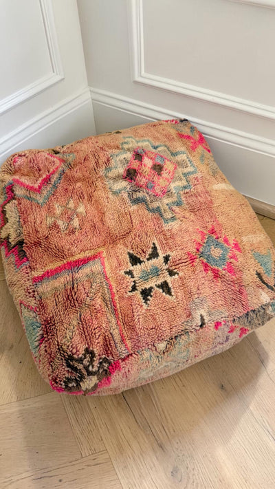 Pouf berbère vintage en laine naturelle – Fait main - 028