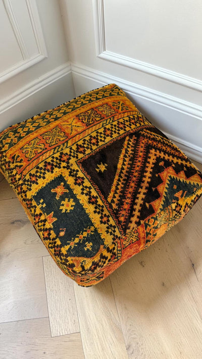 Pouf berbère vintage en laine naturelle – Fait main - 040