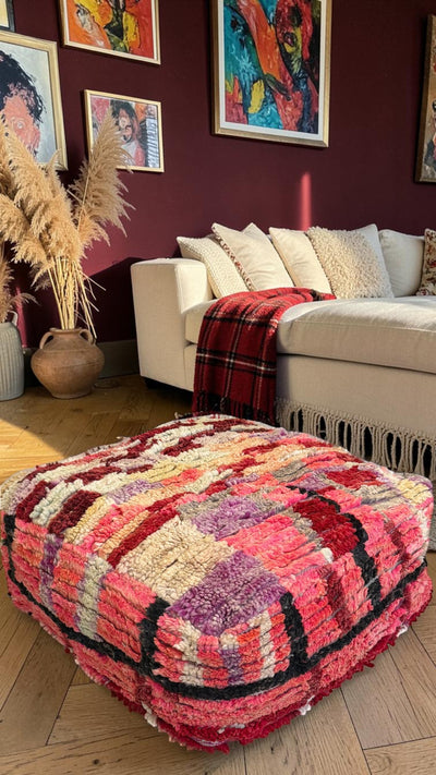 Pouf berbère vintage en laine naturelle – Fait main - 046