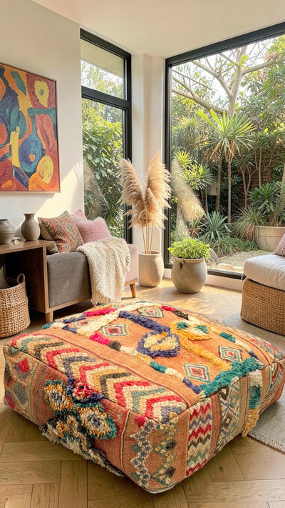 Pouf berbère vintage en laine naturelle – Fait main - 041