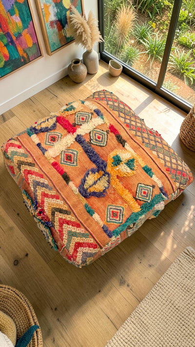 Pouf berbère vintage en laine naturelle – Fait main - 041