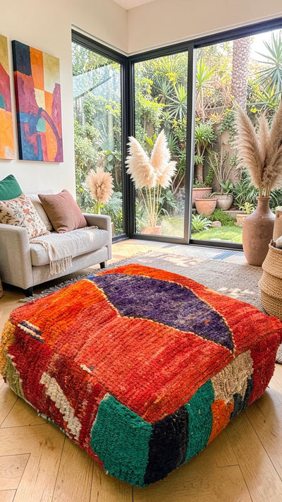 Pouf berbère vintage en laine naturelle – Fait main - 045