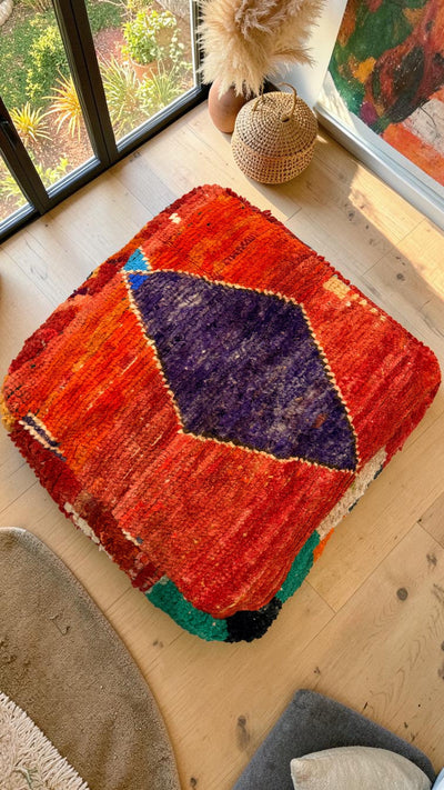 Pouf berbère vintage en laine naturelle – Fait main - 045