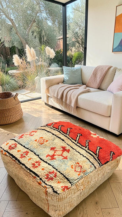 Pouf berbère vintage en laine naturelle – Fait main - 042