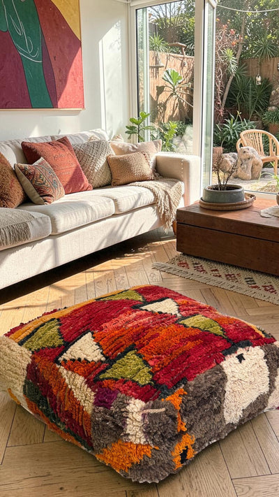 Pouf berbère vintage en laine naturelle – Fait main - 009