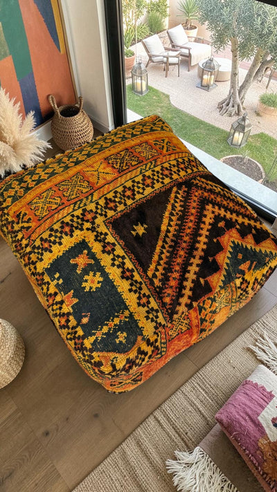 Pouf berbère vintage en laine naturelle – Fait main - 040