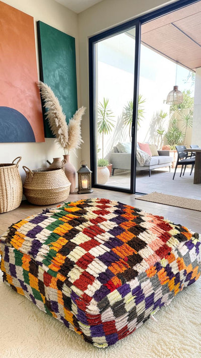 Pouf berbère vintage en laine naturelle – Fait main - 037