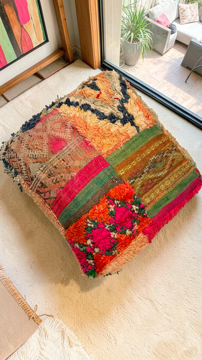 Pouf berbère vintage en laine naturelle – Fait main - 045