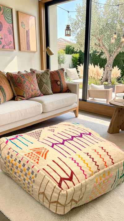 Pouf berbère vintage en laine naturelle – Fait main - 046
