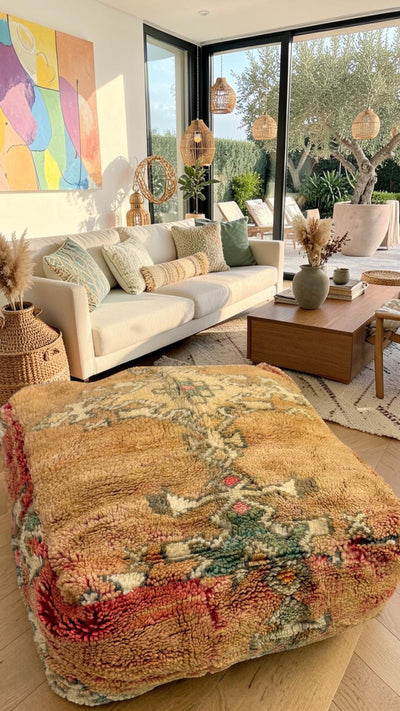Pouf berbère vintage en laine naturelle – Fait main - 033