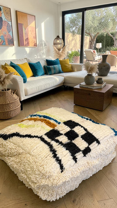 Pouf berbère vintage en laine naturelle – Fait main - 011