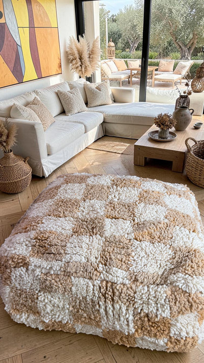 Pouf berbère vintage en laine naturelle – Fait main - 020