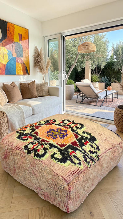 Pouf berbère vintage en laine naturelle – Fait main - 002