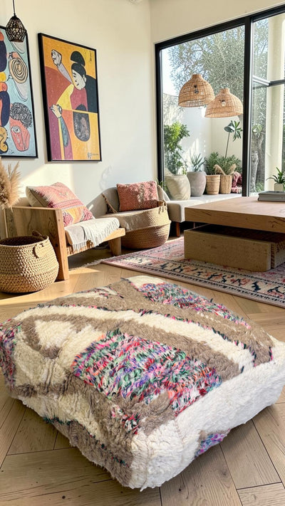 Pouf berbère vintage en laine naturelle – Fait main - 001