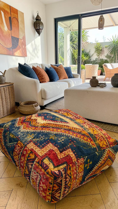 Pouf berbère vintage en laine naturelle – Fait main - 014