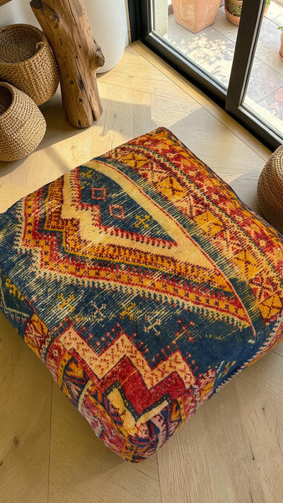 Pouf berbère vintage en laine naturelle – Fait main - 014