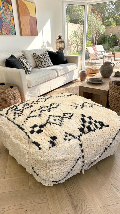 Pouf berbère vintage en laine naturelle – Fait main - 015